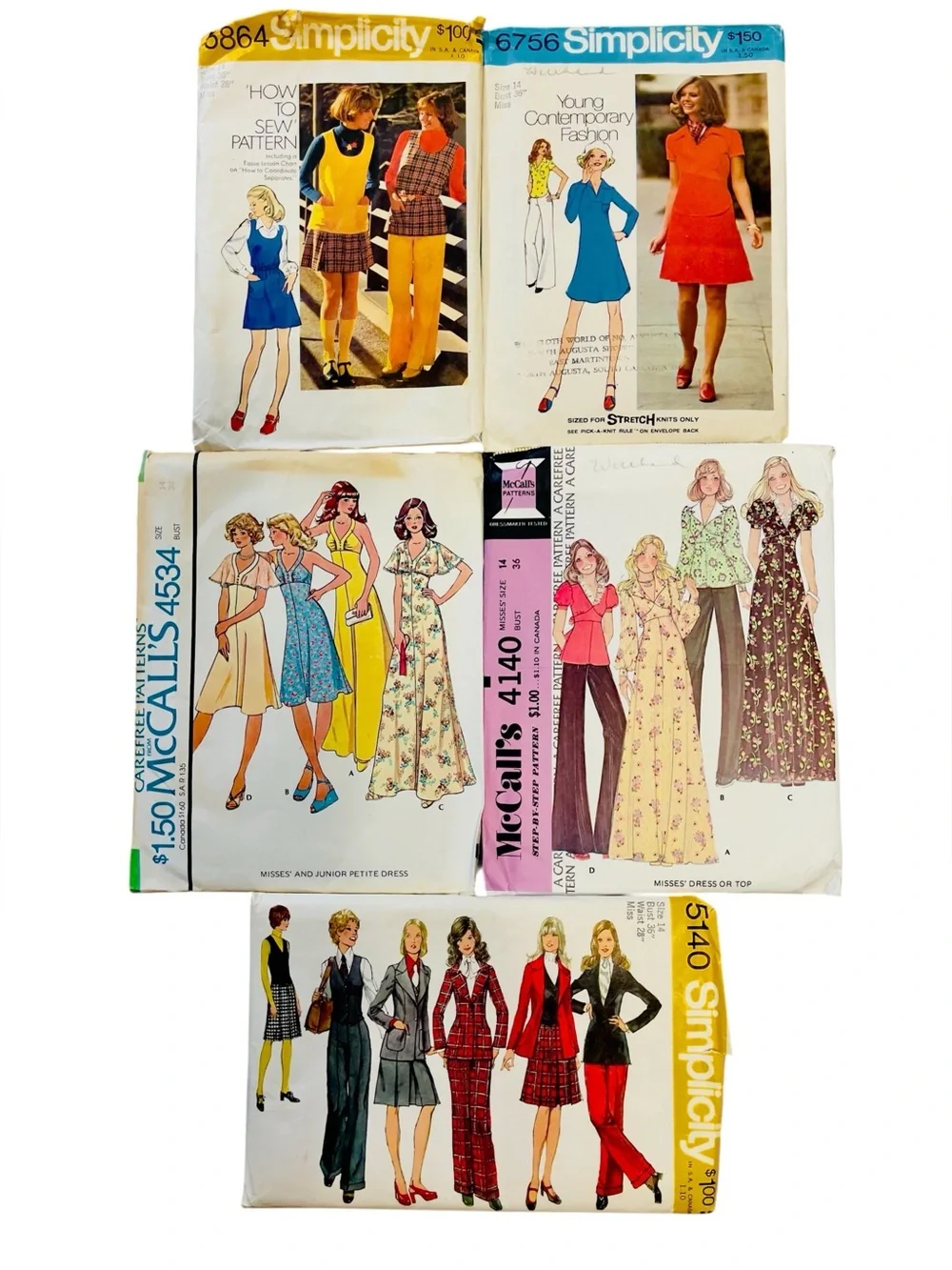 Simplicity & McCall's Vintage Sewing Pattern Lot - Yellow Blue Red Floral